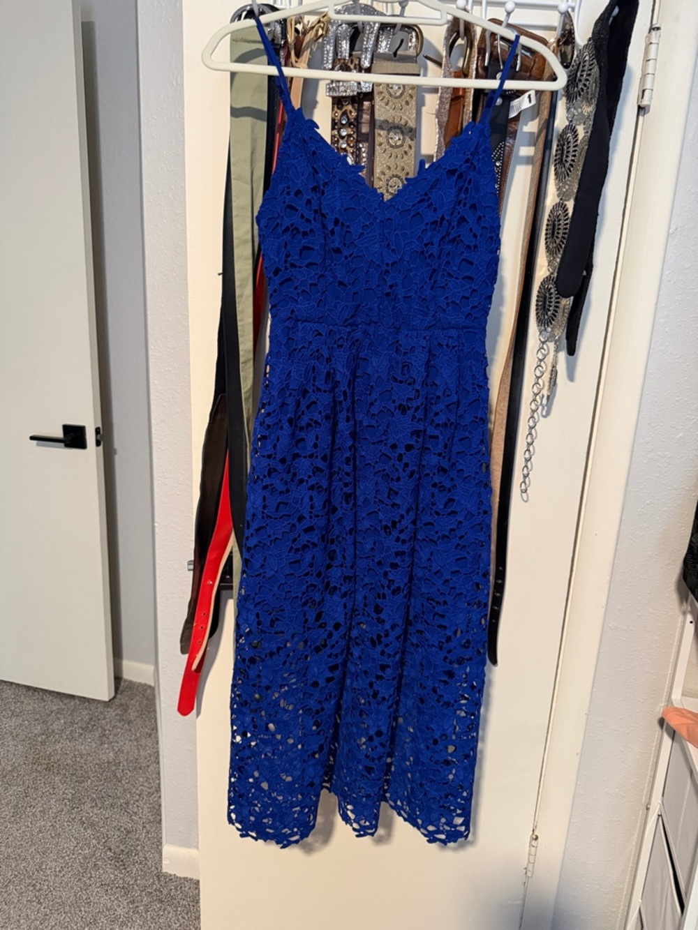 Blue Lace Midi Dress with Spaghetti Straps